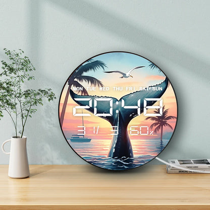 Big Whale Tail LED Digital Wall Clock with Calendar Temperature Auto Dimming Sea Life Home Decor 12/24hour Electronic Wall Clock