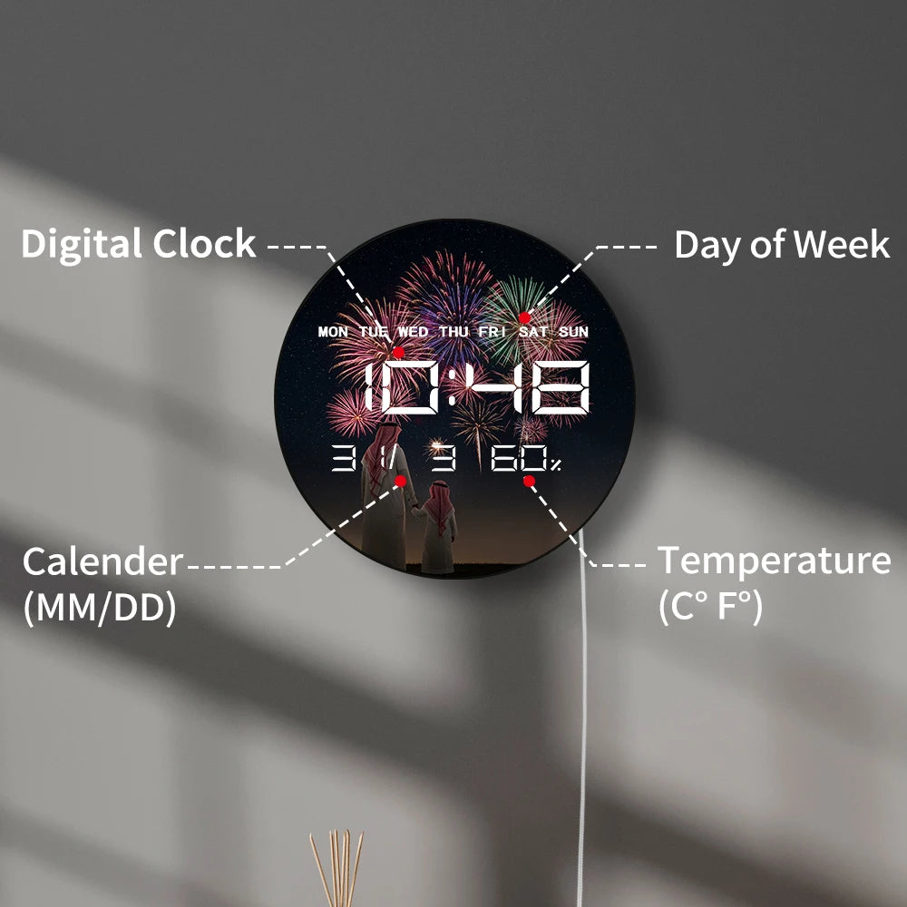 Eid Mubarak Night Fire work Electric Wall Clock Big Number Display Ramadan Home Decor Digital Wall Clock Saudi Housewarming Gift