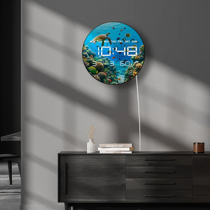 Under The Sea World Ocean LED Digital Wall Clock with Calendar Temperature Auto Dimming 12/24hr Format Electronic Wall Clock