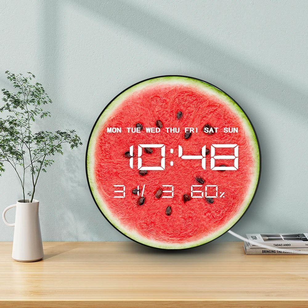 Sliced Watermelon Wall Clocks with Temperature Humidity Date Large Display Calendar Summer Fruit Home Decor Digital Wall Clock
