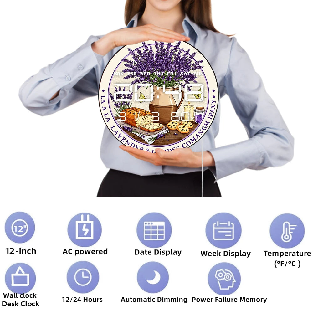 Lavender Flower with Bread Cookies LED Digital Wall Clock for Kitchen Dinning Room Home Decor Dual Purpose Electronic Wall Clock