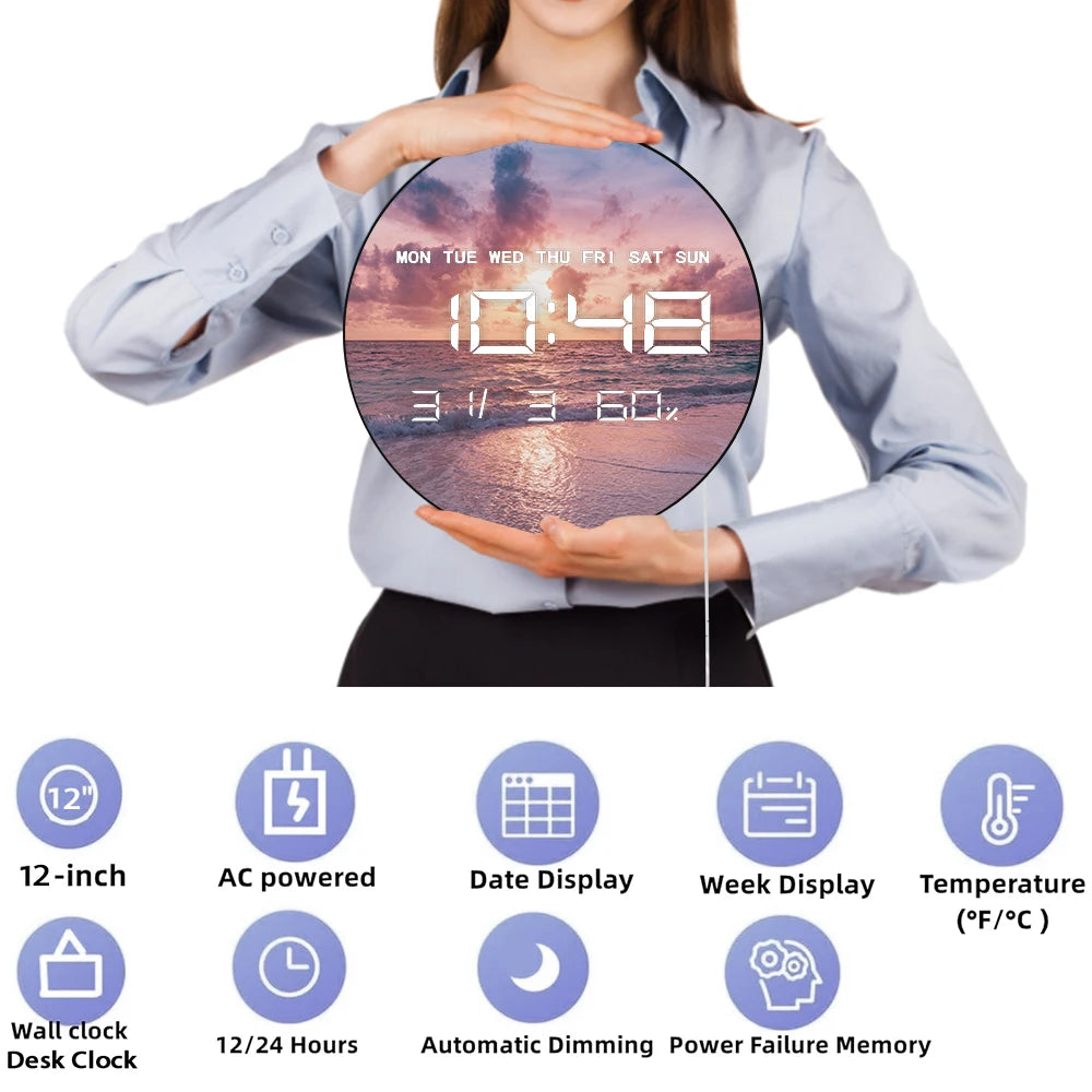 Sea Sand Beach Landscape LED Digital Wall Clock Tropical Seascape Sunset Sky Sunlight Large Number Wall Desk Use Electric Clock