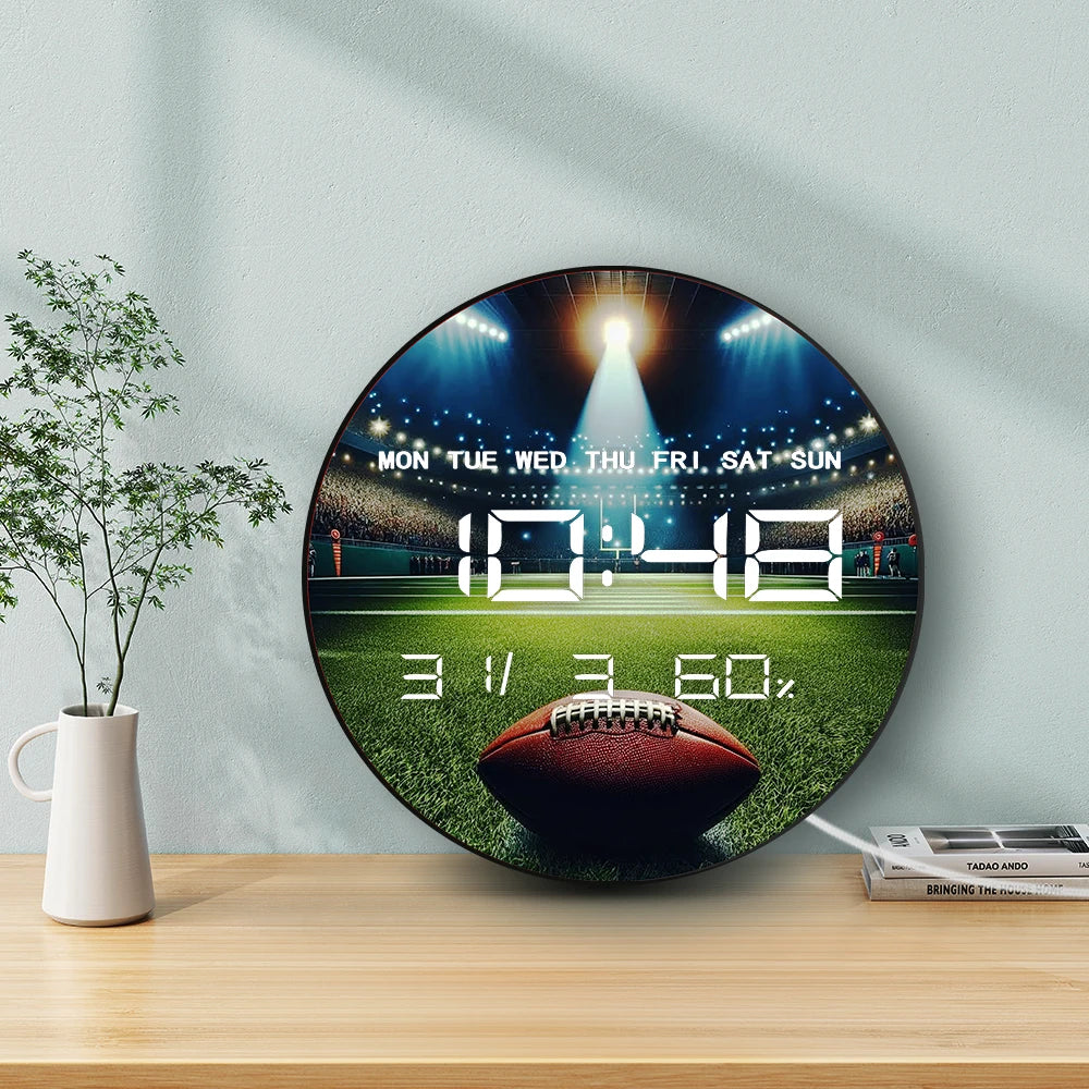 American Football Ball Digital Wall Clock with LED Display Calendar Temperature Auto Dimming 12/24hr Format Electric Wall Clock