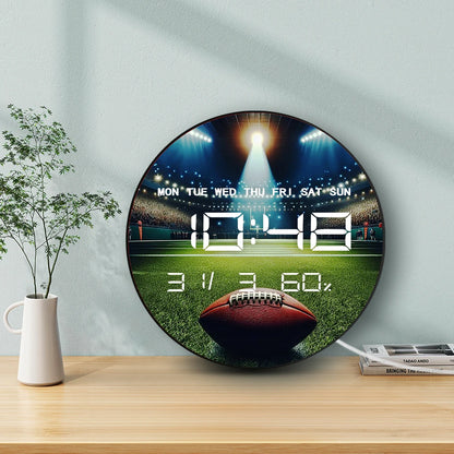 American Football Ball Digital Wall Clock with LED Display Calendar Temperature Auto Dimming 12/24hr Format Electric Wall Clock