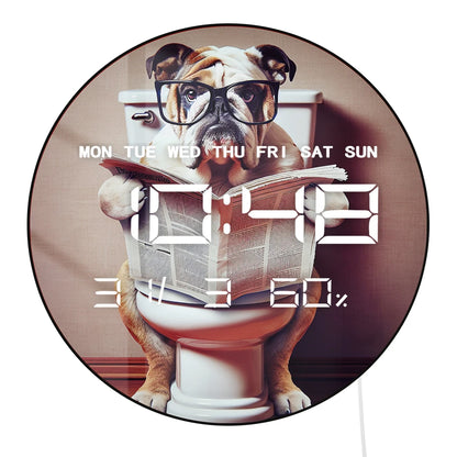 English Bulldog Reading Newspaper On Toilet Electric Wall Clock with Jumbo Numbers Multifunctional LED Digital Wall Clock Timer