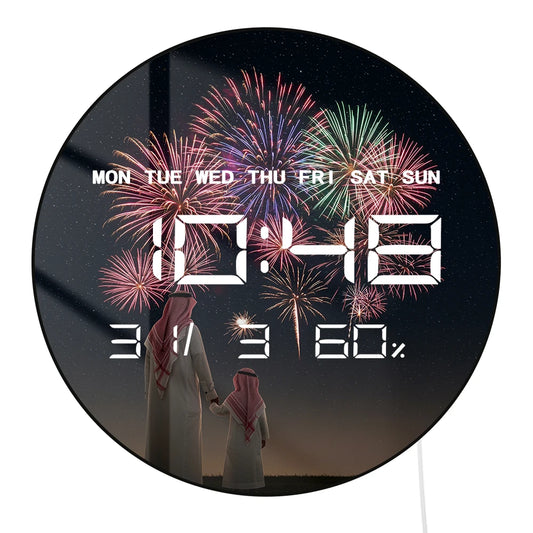 Eid Mubarak Night Fire work Electric Wall Clock Big Number Display Ramadan Home Decor Digital Wall Clock Saudi Housewarming Gift