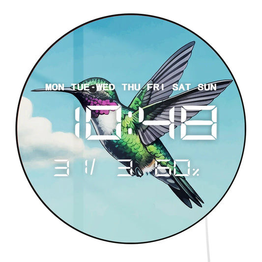 Spring Floral Bird Hummingbird LED Digital Wall Clock with Temperature Humidity Calendar Date Big Display Electronic Wall Clock