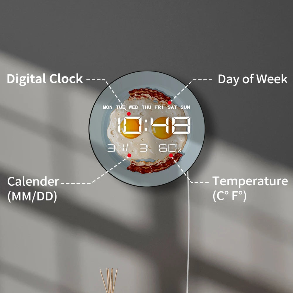 Scrambled Egg Bacon Breakfast LED Digital Wall Clock For Home Kitchen Dinning Room Unique Foodie Wall Art Electric Numeric Clock