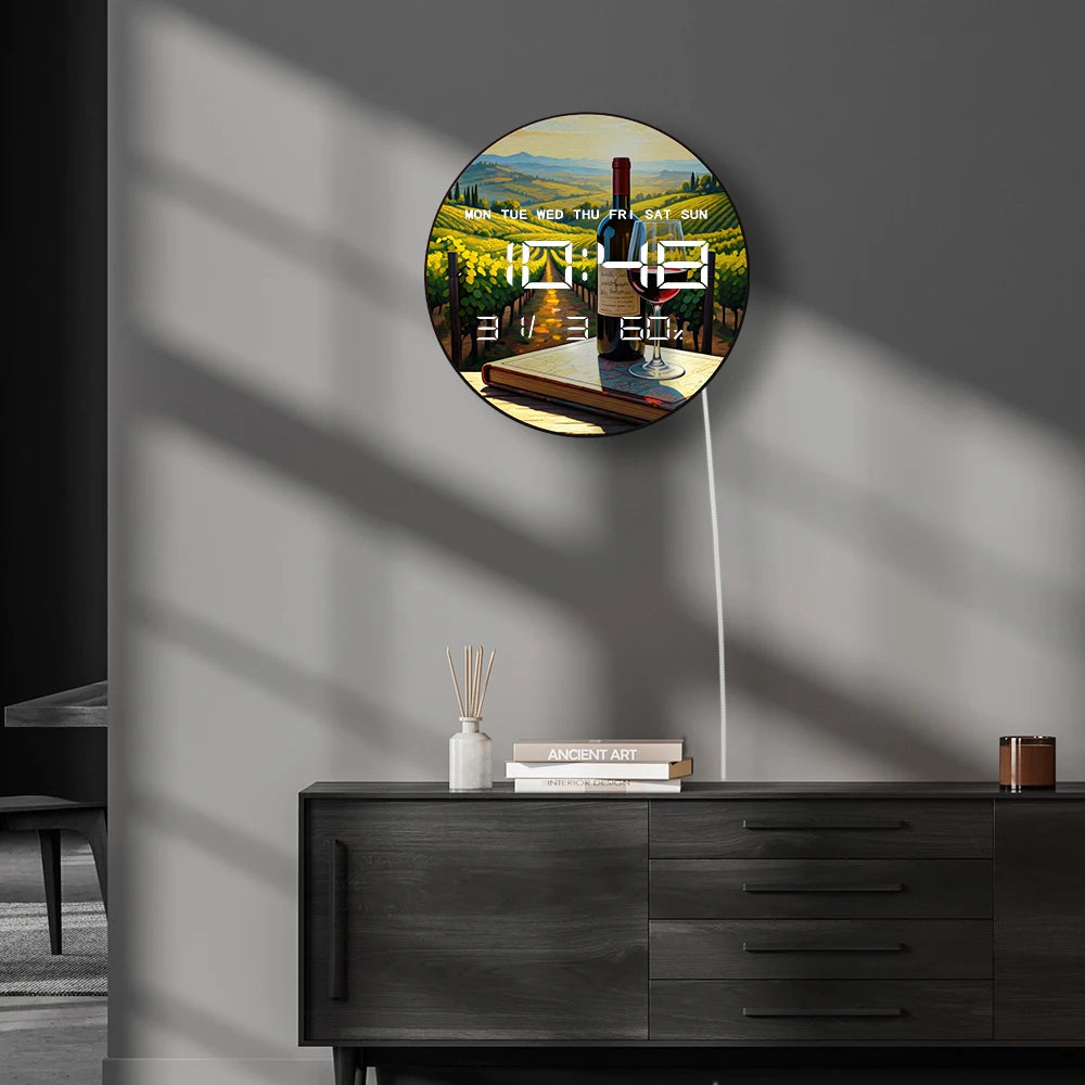 Grape Wine Vineyard Landscape Dual Purpose LED Digital Clock Wall Desk Use Electronic Wall Clock with Calendar Date Temperature