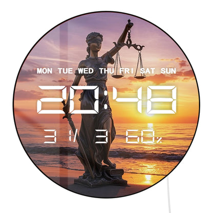 Sunset Beach Lady Justice Statue LED Digital Wall Clock with Calendar Date Temperature Electronic Wall Clock for Law Office Room