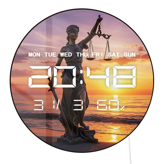Sunset Beach Lady Justice Statue LED Digital Wall Clock with Calendar Date Temperature Electronic Wall Clock for Law Office Room