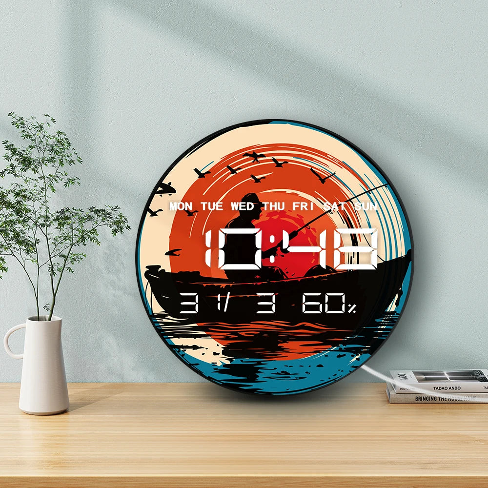 Mountain Lake Fishing on Boat Dual Purpose LED Digital Clock Wall Desk Use Fisherman Multifunction Modern Electronic Wall Clock