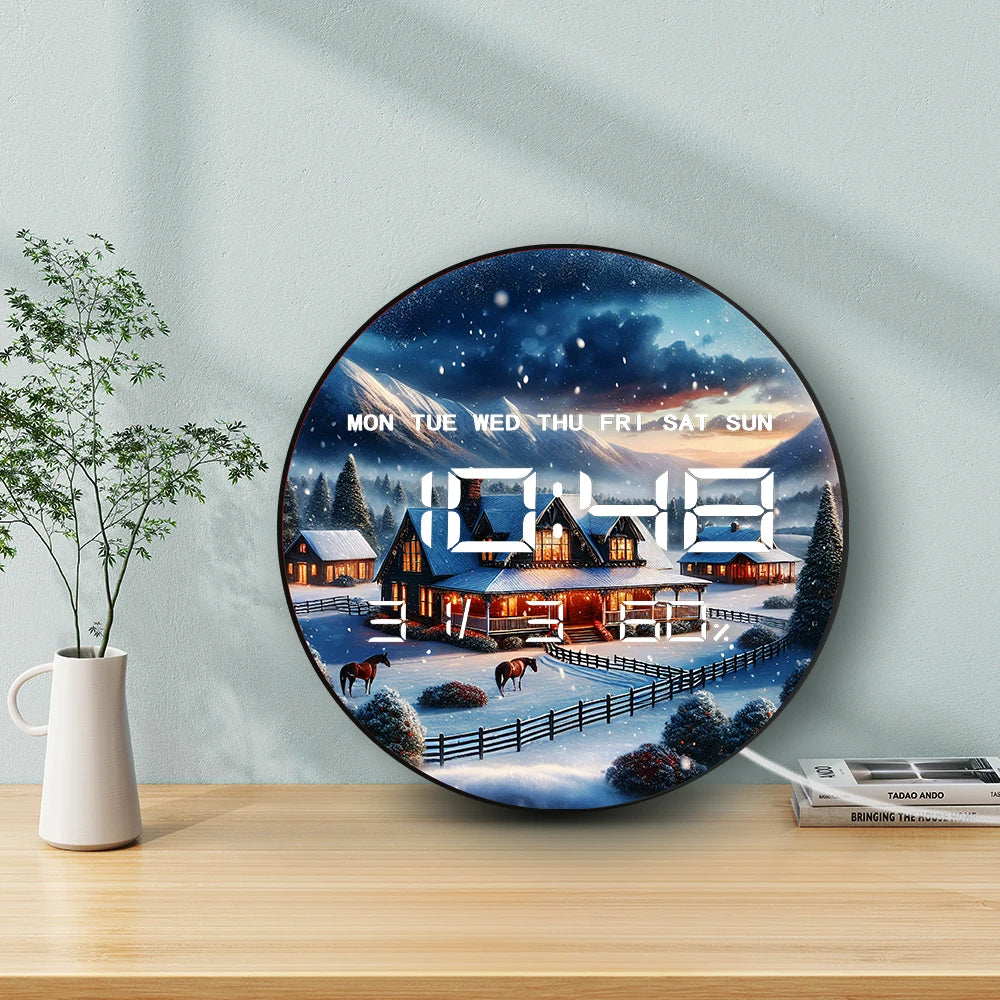 Winter Horse Pasture Landscape Snowy Farm LED Digital Wall Clock with Calendar Temperature Auto Dimming 12/24hr Electric Clock