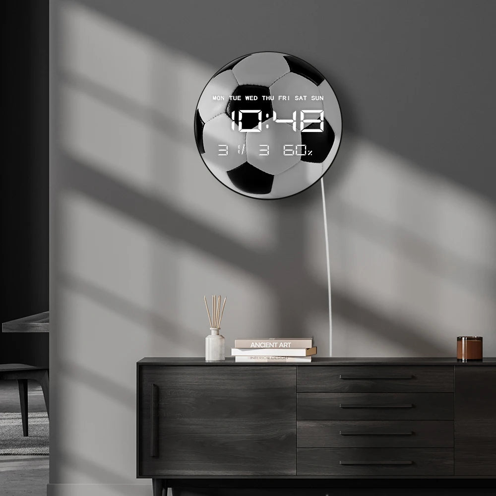 Football Ball Modern Design Electronic Wall Clock with Timer Date Temperature Display Soccer Sports Decor LED Digital Wall Clock