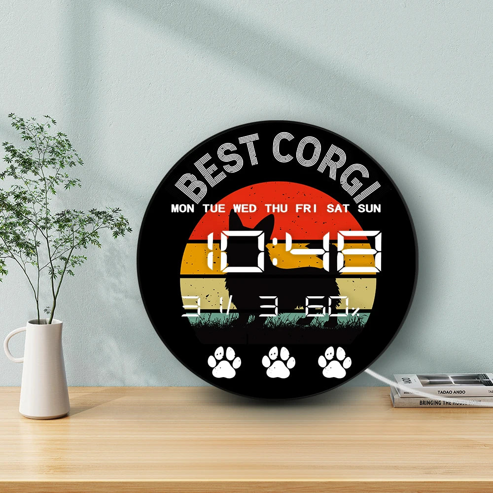 Pembroke Welsh Corgi Large LED Digital Wall Clock with Temperature Humidity Date Calendar Corgi Puppy Dog Electronic Wall Clock