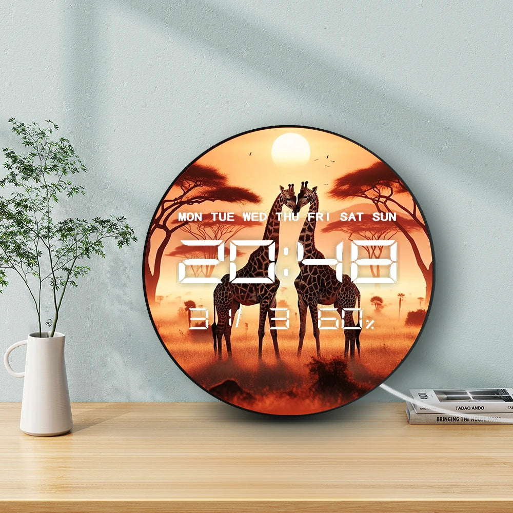 Giraffe Couple LED Digital Wall Clock Romantic Jungle Animal Lover Home Decor Electric Wall Clock with Date Calendar Temperature