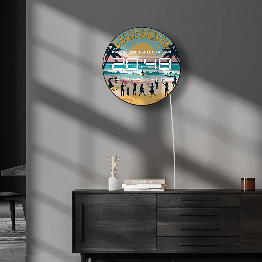 Retro California Seaside Beach Digital Wall Clock with LED Display Calendar Temperature Automatic Dimming 12/24hr Electric Clock