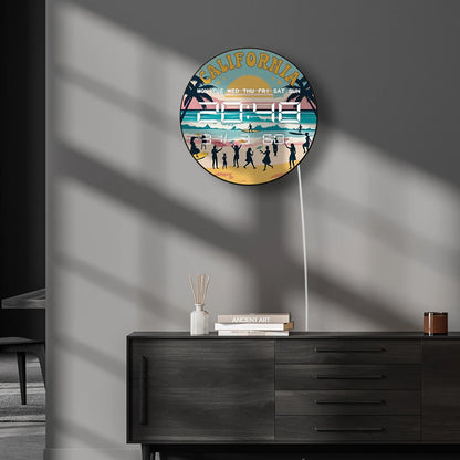 Retro California Seaside Beach Digital Wall Clock with LED Display Calendar Temperature Automatic Dimming 12/24hr Electric Clock