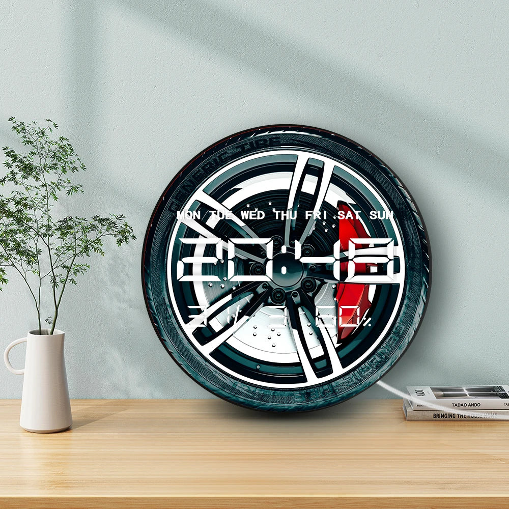 3d Car Tire Wheel LED Digital Wall Clock for Garage Workshop 12/24hr Timer Electronic Wall Clock with Calendar Date Temperature
