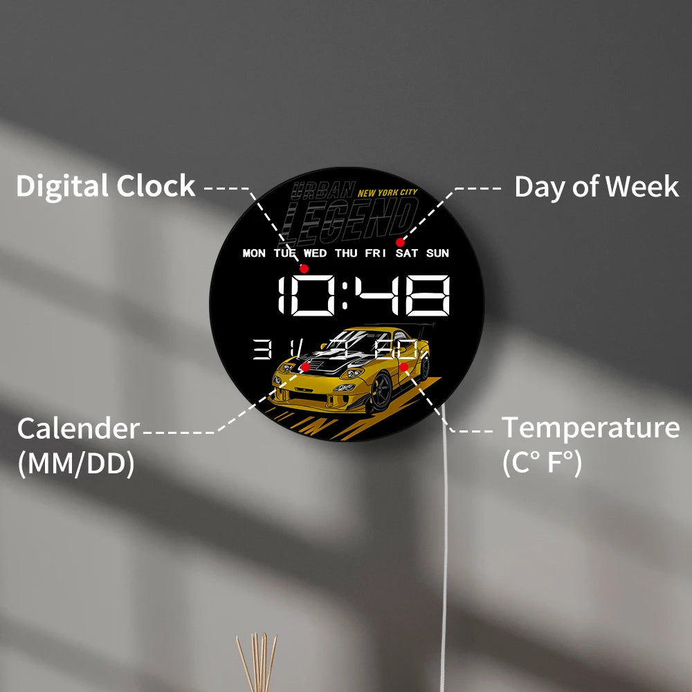 King of The Street Legend Race Car LED Digital Wall Clock Car Racing Drift Style Home Decor Electronic Wall Clock for Car Lovers