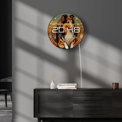 Leaping Sable Sheltie Dog LED Digital Wall Clock with Temperature Humidity Calendar Date Shetland Sheepdog Electronic Wall Clock