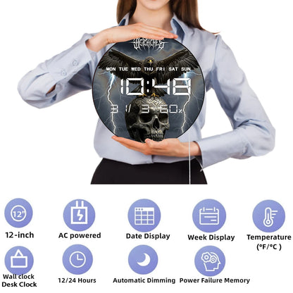 Eagle on Skull Head Wall Desk Use Digital Timer Clock with Temperature Humidity Cal Date Large Display LED Digital Wall Clock
