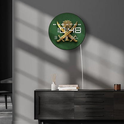Coat of Arms LED Digital Wall Clock Saudi Arabia Flag Shield Electronic Wall Clock Large Numeric Display Patriotic Home Decor