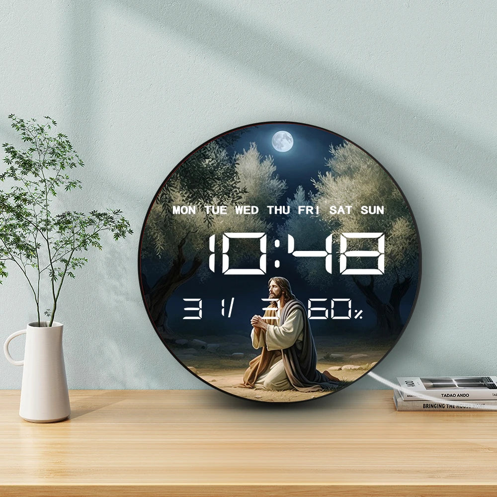 Jesus Praying in Garden of Gethsemane LED Digital Wall Clock with Calendar Date Temperature Auto Dimming 12/24hr Electric Clock