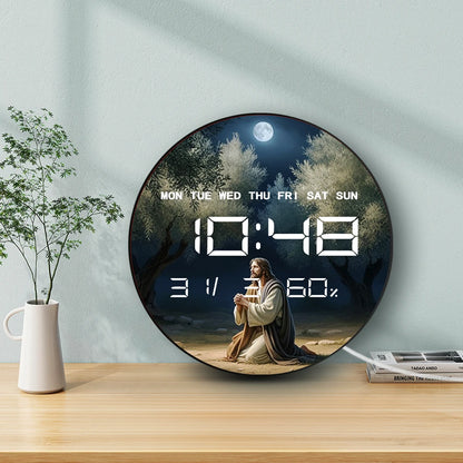 Jesus Praying in Garden of Gethsemane LED Digital Wall Clock with Calendar Date Temperature Auto Dimming 12/24hr Electric Clock