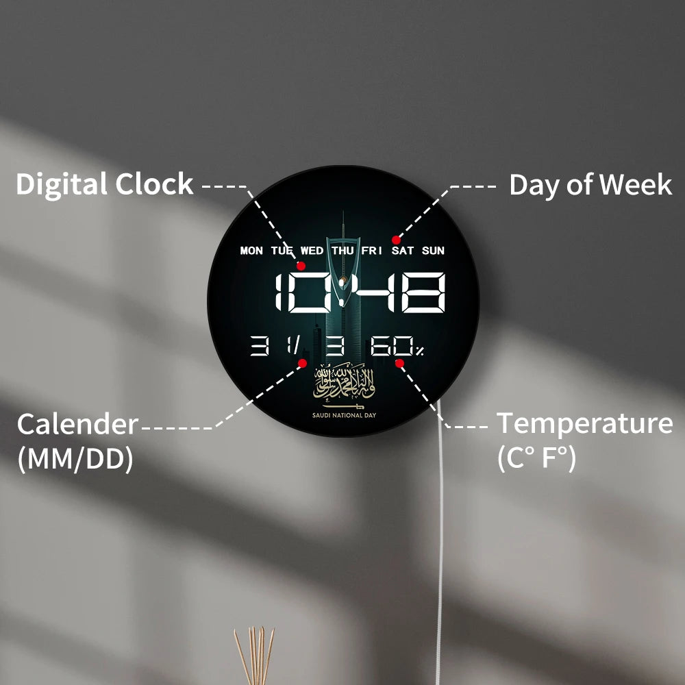 Saudi National Day Calligraphy LED Digital Wall Clock with Timer Date Temperature Display Saudi Skyscraper Electric Wall Clock