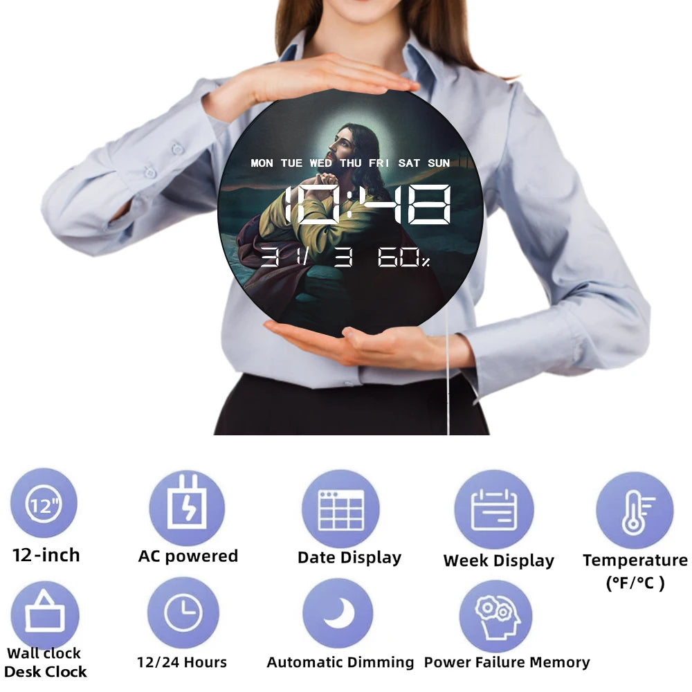 Jesus Christ in Garden of Gethsemane LED Digital Printed Wall Clock Christian Home Decor Biblical Artwork Electric Wall Clock