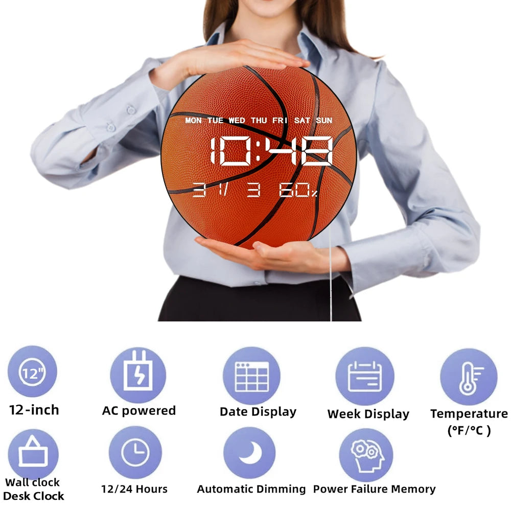 Basketball Ball LED Digital Large Number Wall Clock for Teen Boys Room Electric Auto Dimming Wall Desk Clock For Basketball Fans