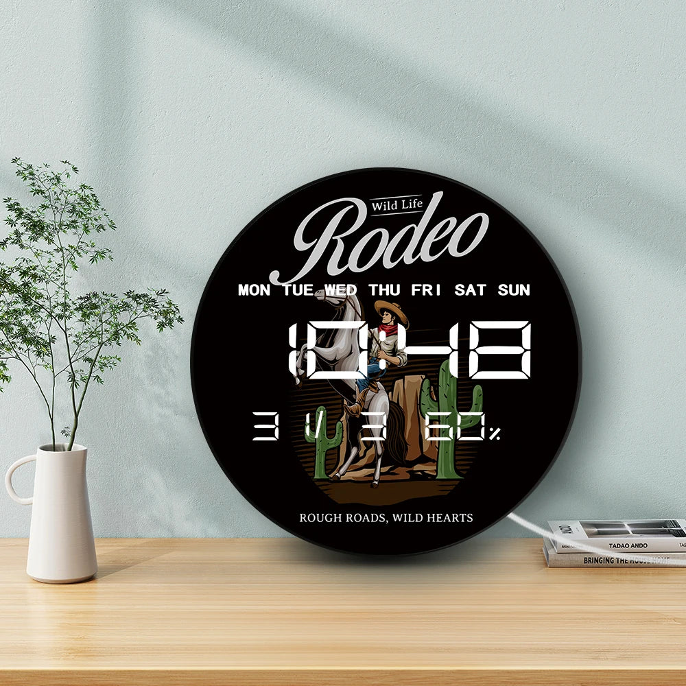 Wild Life Rodeo Modern Digital Wall Clock Cowboy Riding Horse Western Home Decor Electric Wall Clock Large LED Numbers Display