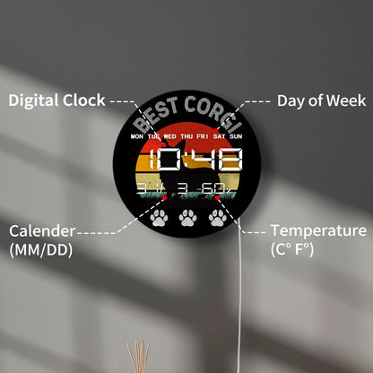 Pembroke Welsh Corgi Large LED Digital Wall Clock with Temperature Humidity Date Calendar Corgi Puppy Dog Electronic Wall Clock