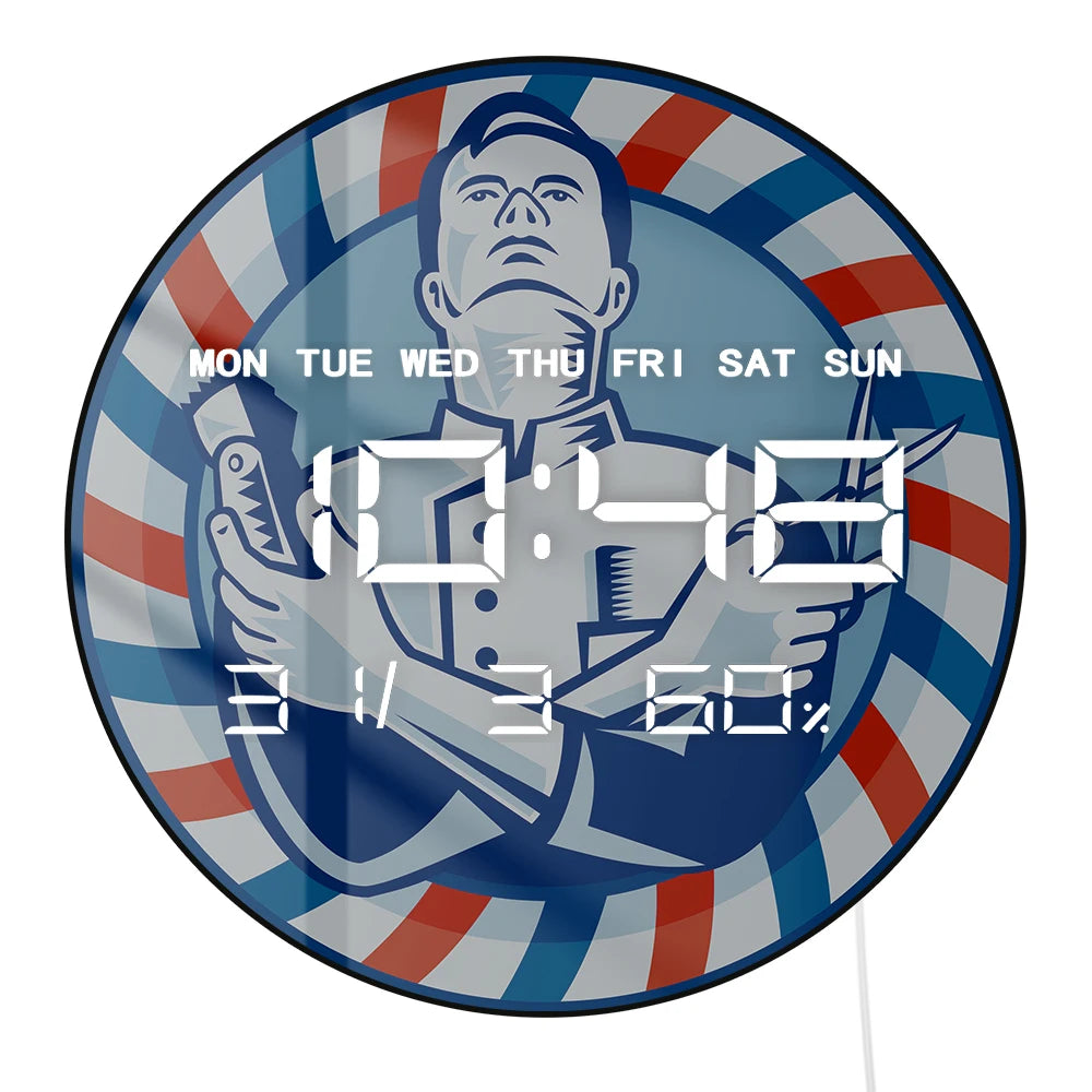 Retro Style Barber Shop Electric Wall Clock Stripped Barber Pole LED Digital Wall Clock Large Time Numeric Display Wall Desk Use