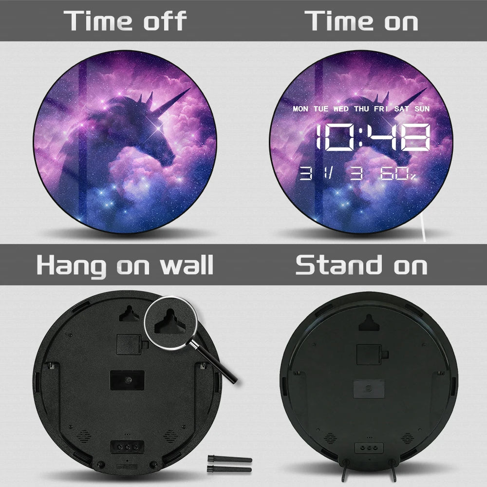 Unicorn with Galaxy Nebula Cloud LED Digital Wall Clock For Girls Bedroom Magical Horse Electronic Wall Clock Fantasy Home Decor