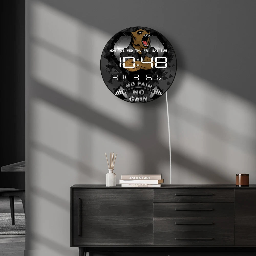No Pain No Gain GYM LED Auto Dimming Wall Clock with Temperature Humidity Date Digital Calendar Large Display Electronic Clock