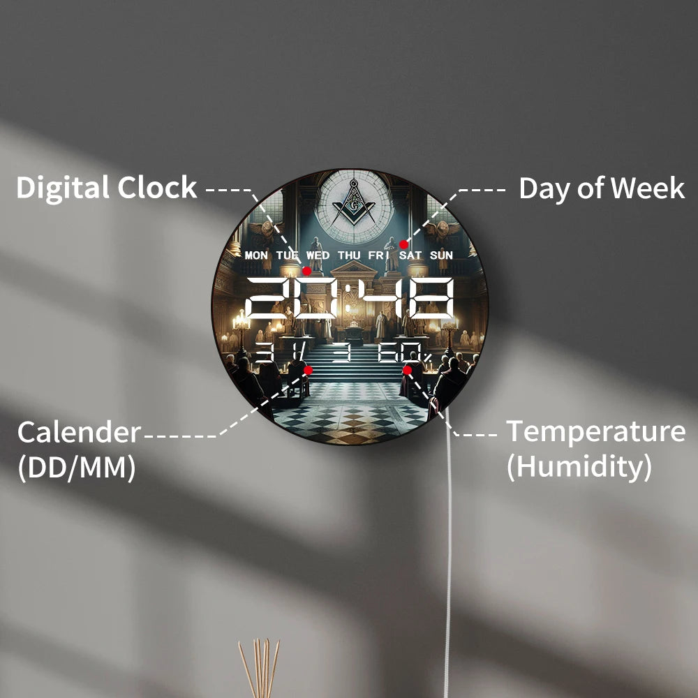Freemasons Square and Compass LED Digital Wall Clock Mason Symbol Masonic Decor Electronic Wall Clock with Calendar Temperature