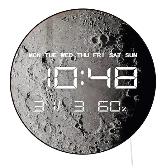 Moon Surface Planet LED Digital Wall Clock with Calendar Date Temperature Auto Dimming 12/24hour Format Electronic Wall Clock