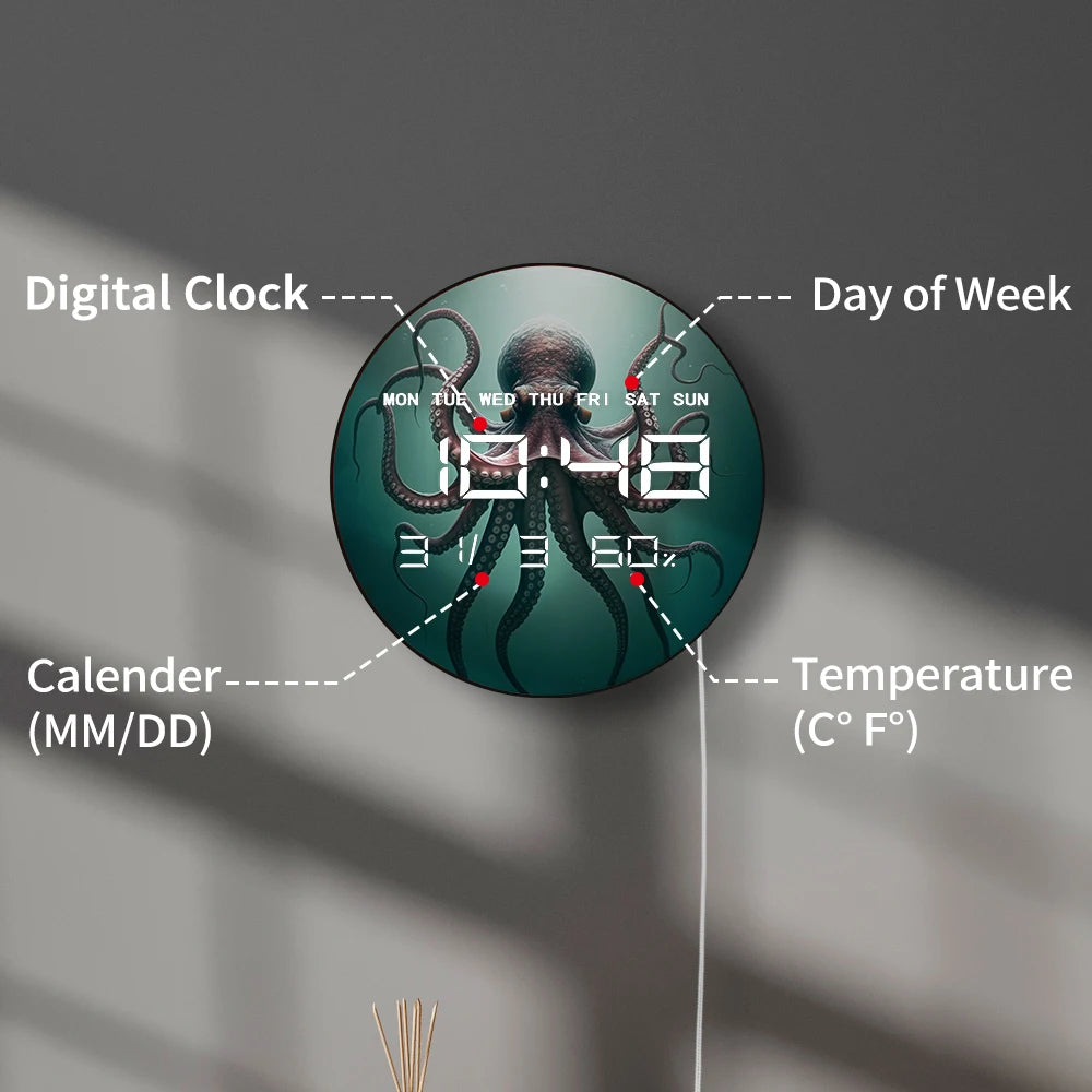 Octopus with Eight Tentacles Digital Wall Clock with LED Display Calendar Temperature Auto Dimming 12/24hr Electronic Wall Clock