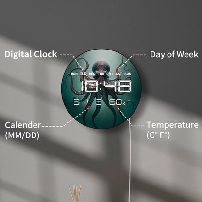 Octopus with Eight Tentacles Digital Wall Clock with LED Display Calendar Temperature Auto Dimming 12/24hr Electronic Wall Clock