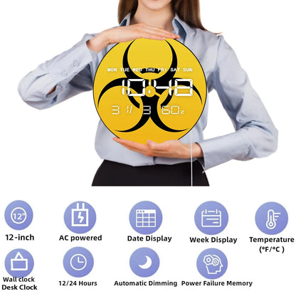 Warning Biohazard Sign Dual Purpose LED Digital Wall Clock Large Display Hazardous Symbol Multifunctional Electronic Wall Clock