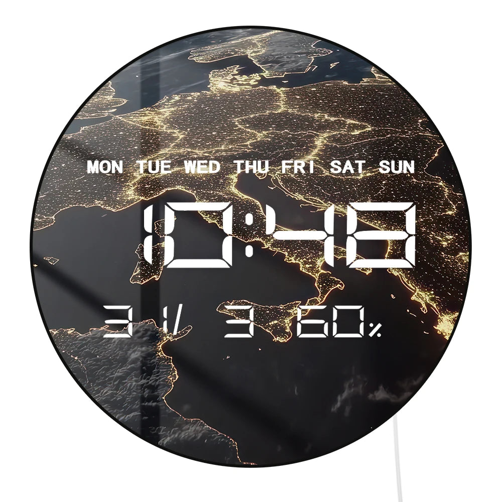 Space View Of Earth At Night LED Digital Wall Clock with Calendar Temperature Auto Dimming 12/24hr Format Electronic Wall Clock