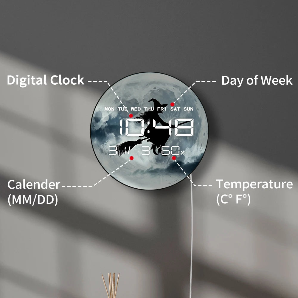 Witch Flying Full Moon Electronic Wall Clock Large Number Display Halloween Home Decor Gothic Fantasy Artwork Digital Wall Clock