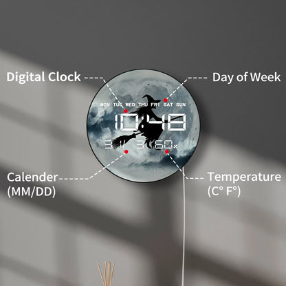 Witch Flying Full Moon Electronic Wall Clock Large Number Display Halloween Home Decor Gothic Fantasy Artwork Digital Wall Clock