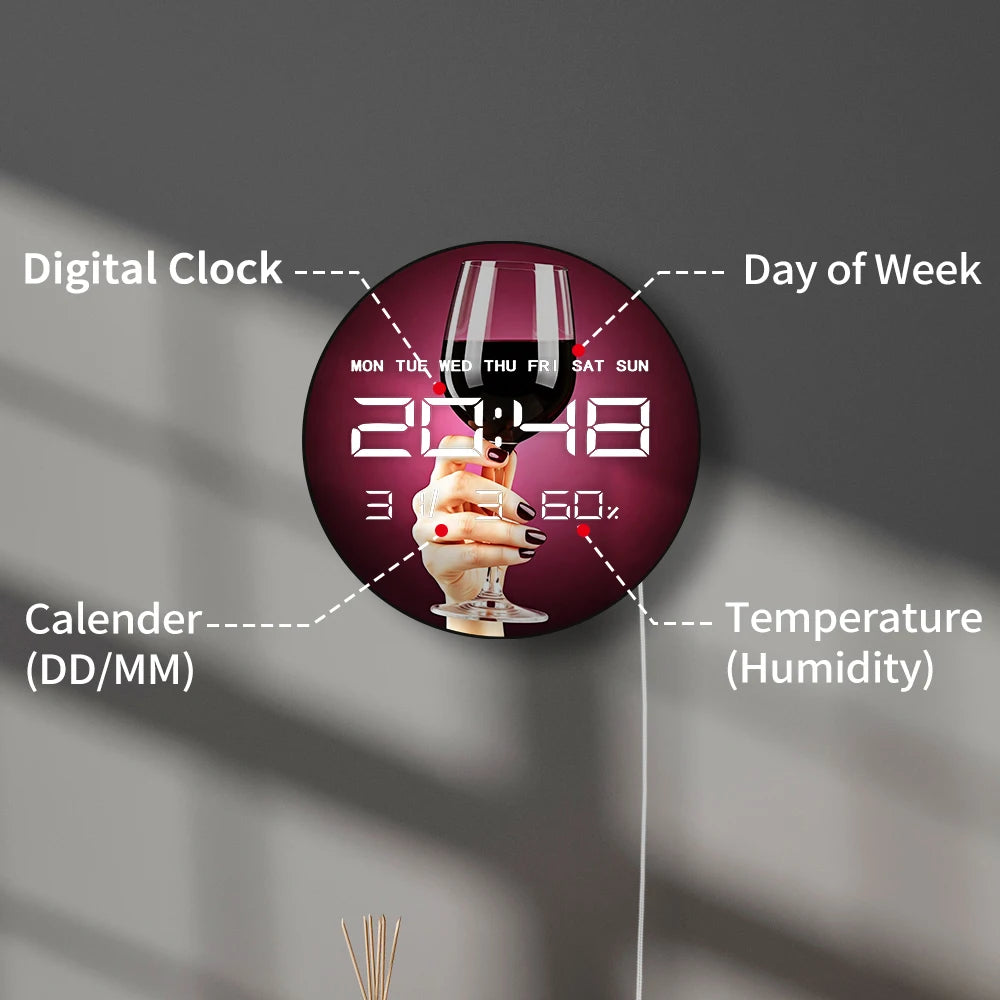 Elegant Glass of Red Wine Modern Design LED Digital Wall Clock for Home Bar Pub Samrt Auto Dimming 12/24hr Electronic Wall Clock