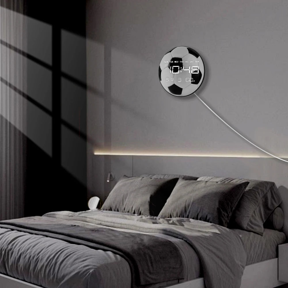 Football Ball Modern Design Electronic Wall Clock with Timer Date Temperature Display Soccer Sports Decor LED Digital Wall Clock