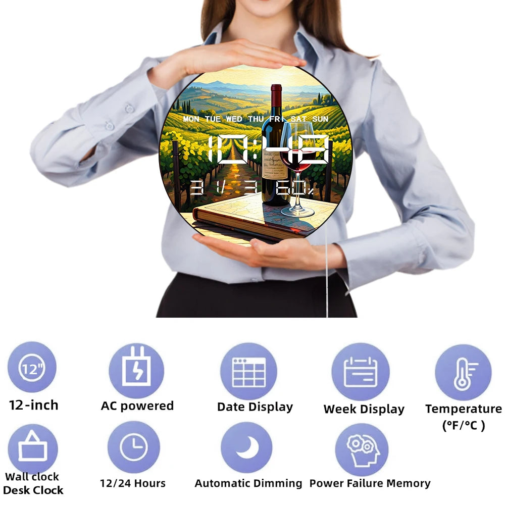 Grape Wine Vineyard Landscape Dual Purpose LED Digital Clock Wall Desk Use Electronic Wall Clock with Calendar Date Temperature