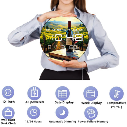 Grape Wine Vineyard Landscape Dual Purpose LED Digital Clock Wall Desk Use Electronic Wall Clock with Calendar Date Temperature