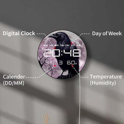 Gothic Raven On Tree Purple Moon Smart Dimming LED Wall Digital Clock Timer 12/24hour Electronic Wall Clock with Jumbo Numbers